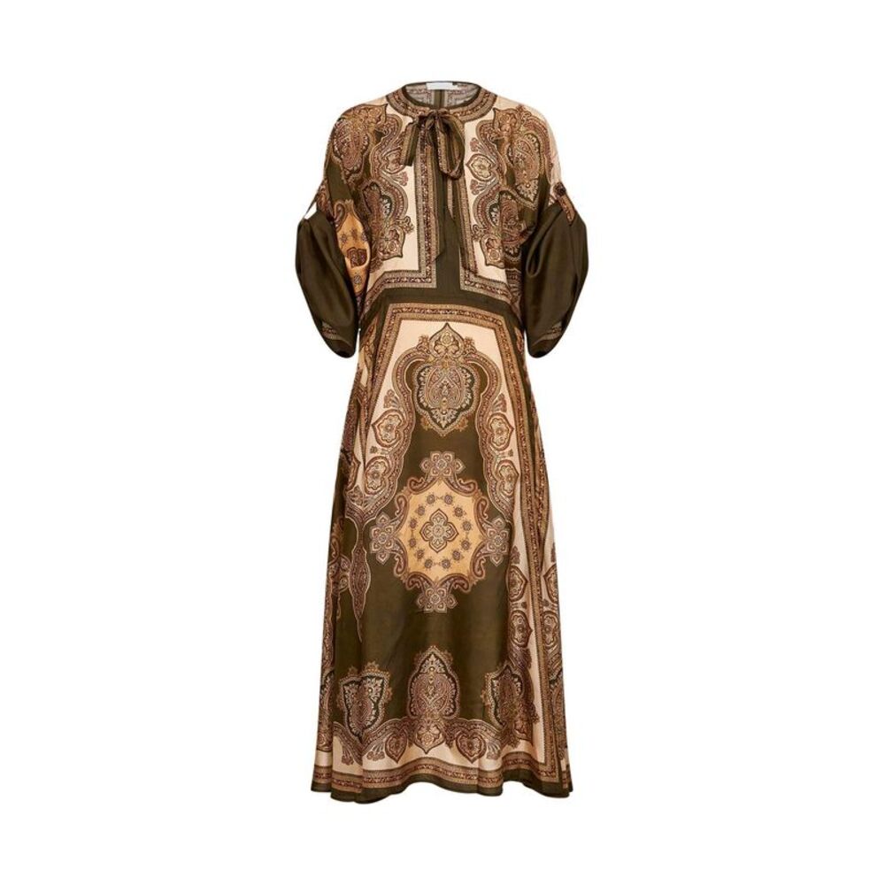 Zimmermann Women Olive Paisley-Print Silk Habotai Mahon Midi Tunic Dress